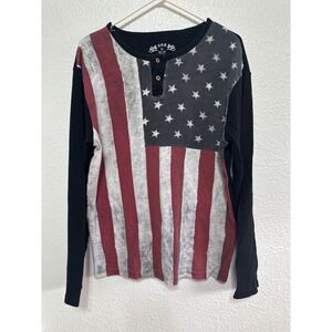 SGR Mens XL American Flag Thermal Henley Long Sleeve Waffle Knit Shirt Black USA